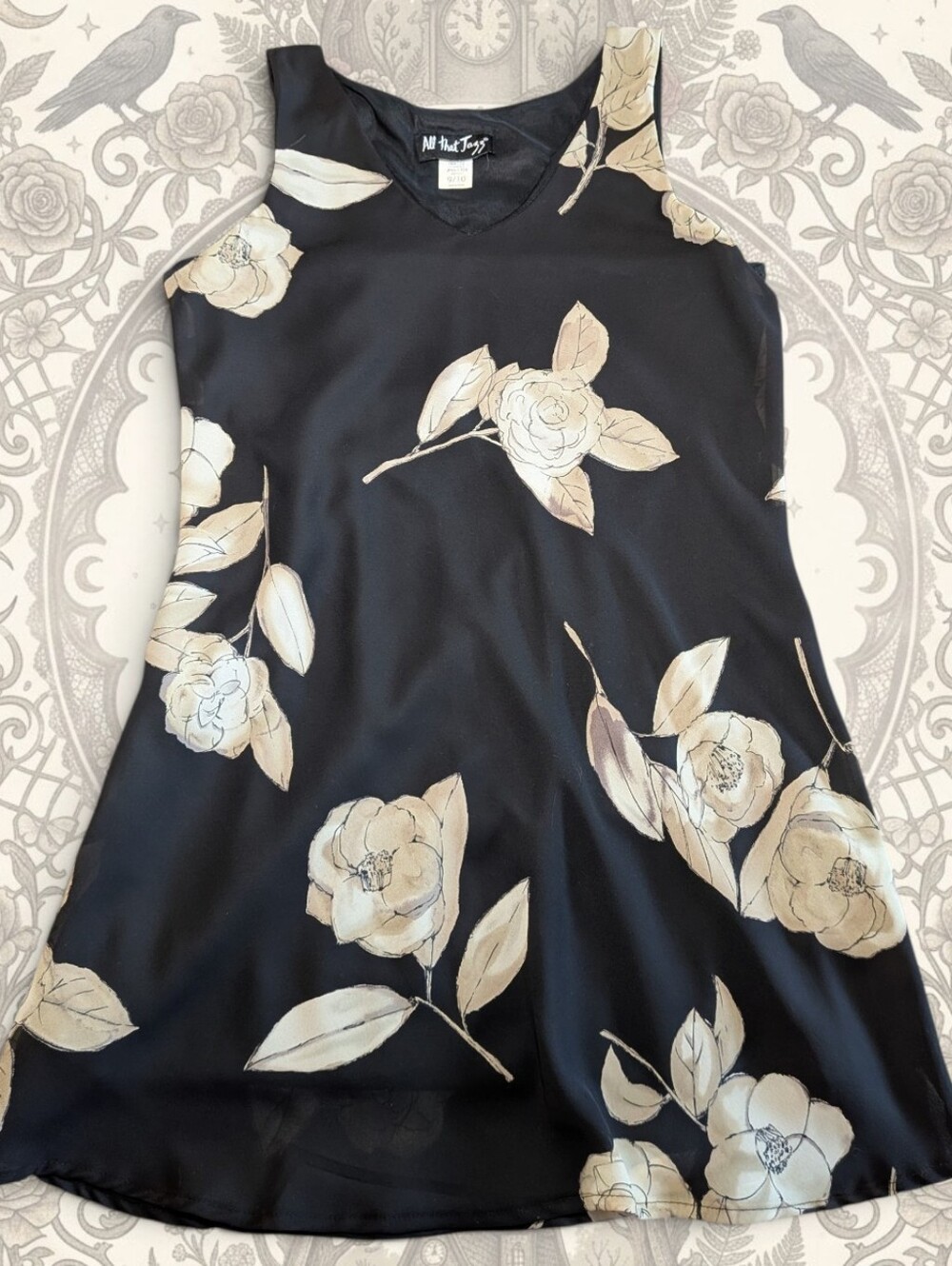 Vintage 90s All That Jazz Floral Dress Medium Black Rose Grunge Whimsigoth Mini